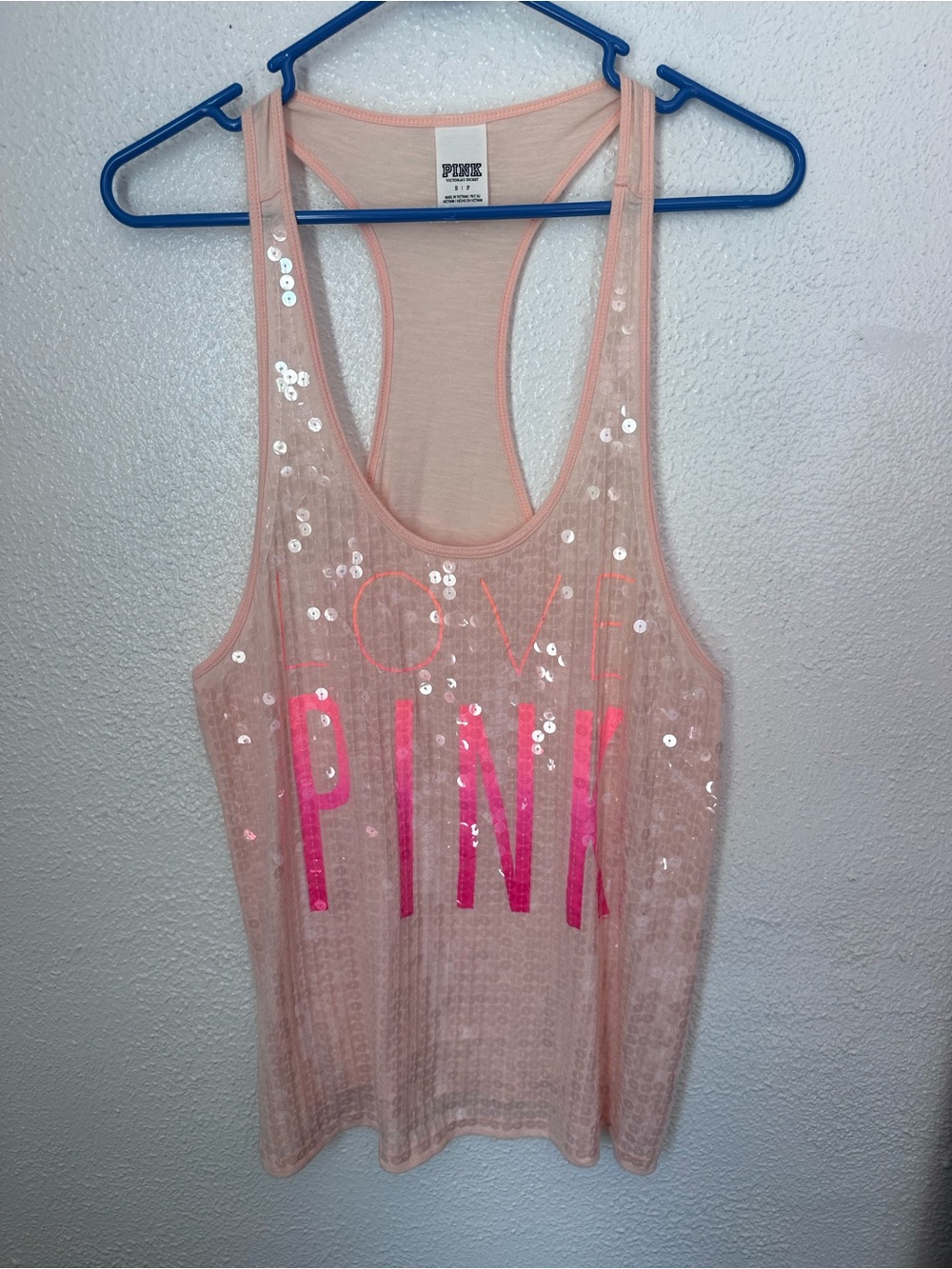 VS PINK Peach Light Pink Sequins Tank Top Racerback Women’s Size Small Yoga Y2K